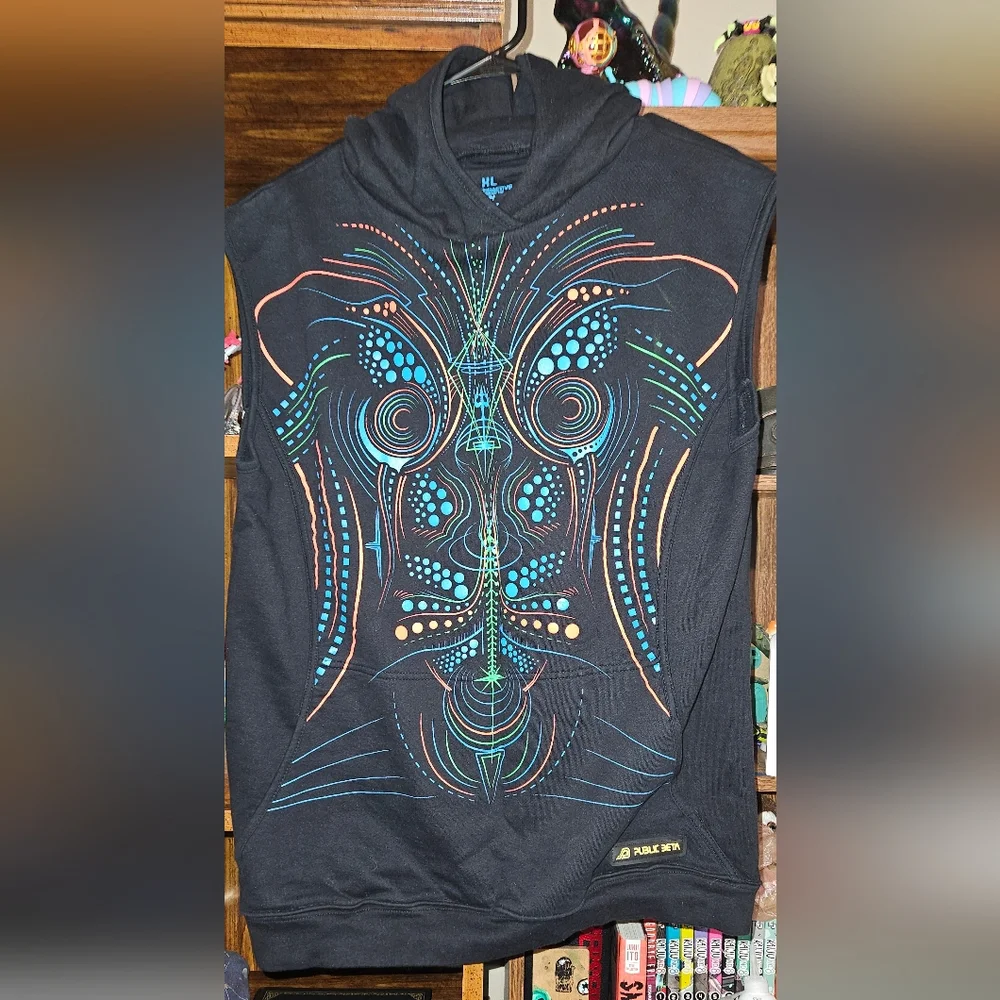 Raver Hoodie Vest Mens XL Public Beta UV Psychedelic Festival Wear - Picture 2 of 10